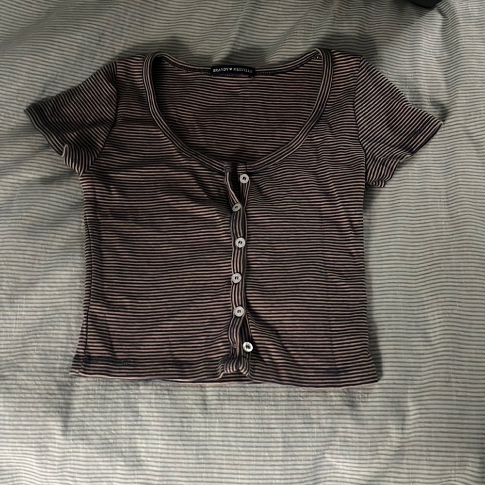 Brown and blue striped Brandy Melville cropped button up